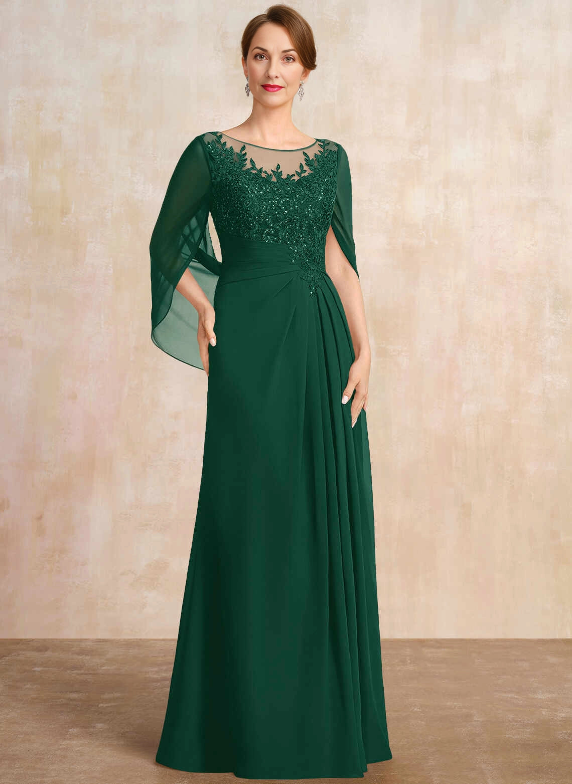 Elegant A‑Line Illusion Neck Cape Sleeve Floor‑Length Mother Of The Bride Dress