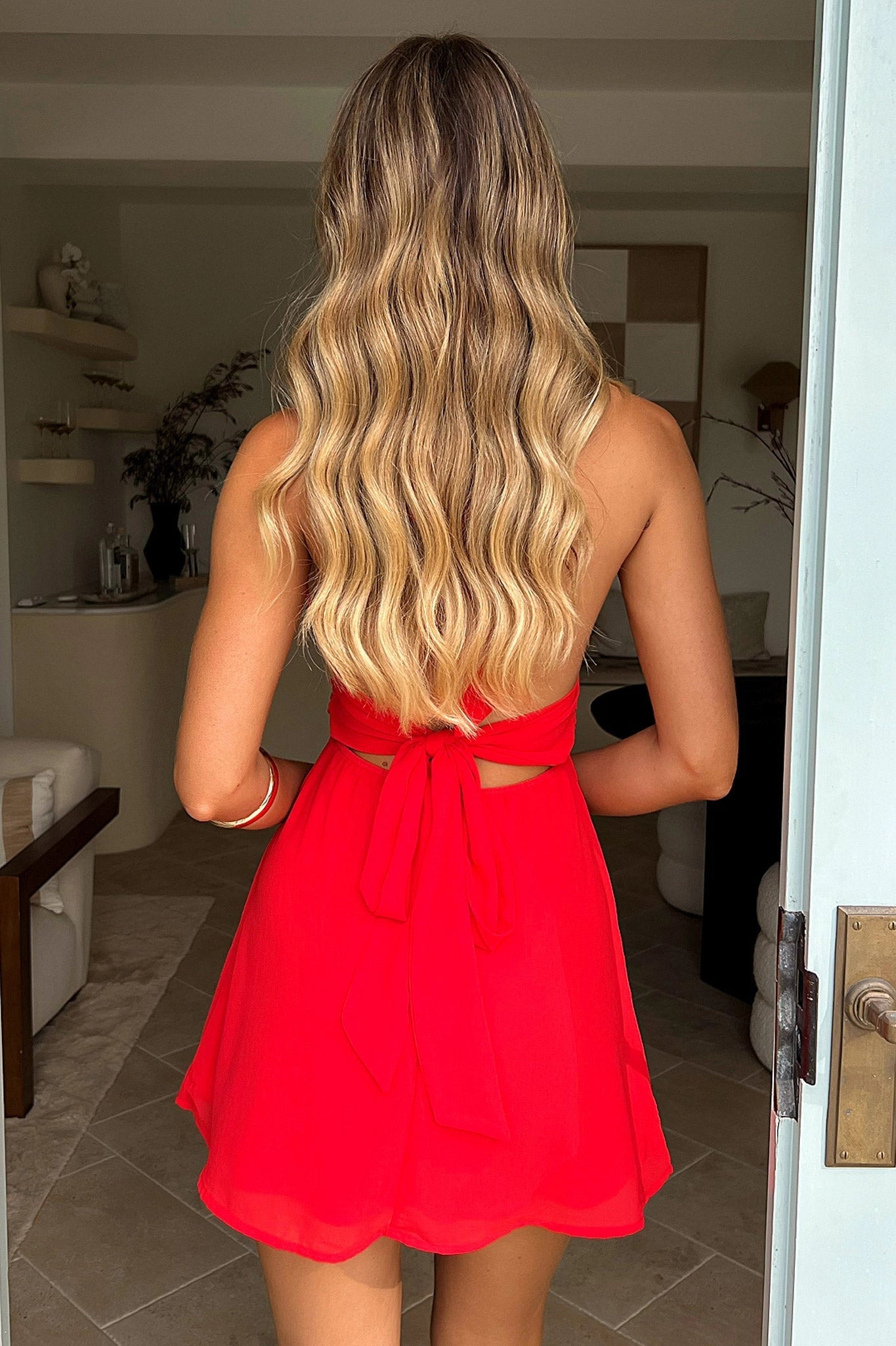 Flowy A Line Halter Deep V Tie Back Mini Homecoming Dress