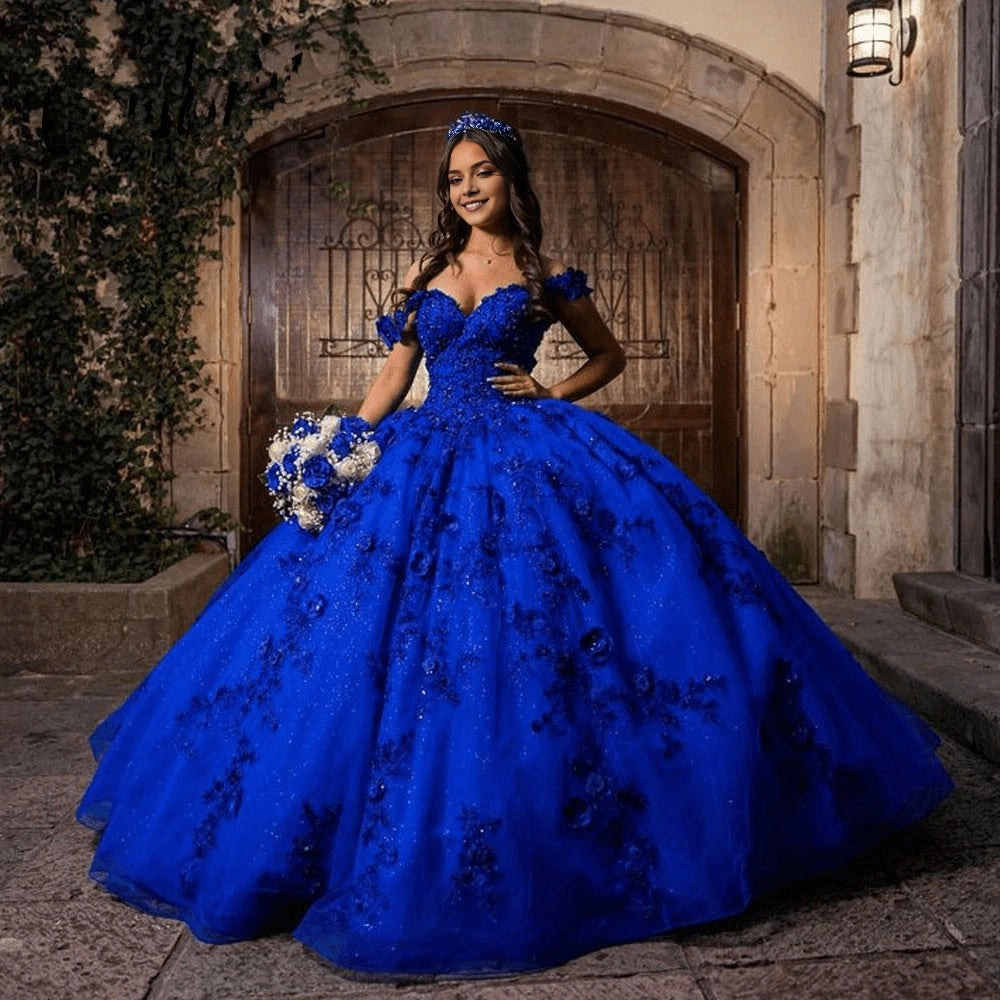 Ballgown Off-shoulder V-neck Short Sleeve Lace-up Back Floor Length Quinceañera Dress