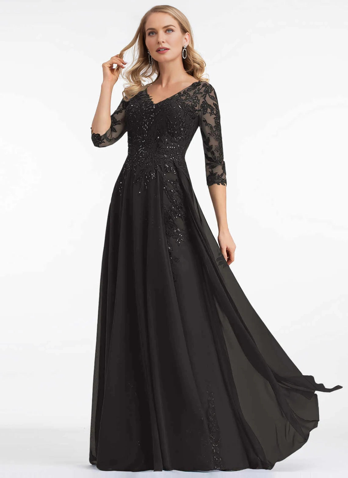 Elegant A‑Line V‑Neck 3/4 Sleeve Illusion Back Long Mother Of The Bride Dress