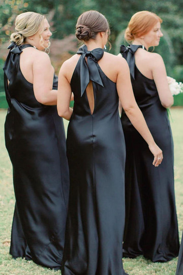 Beauty Sheath Satin Solid Charmeuse Halter Neck Long Evening Gown Bridesmaid Dress with Bowknot