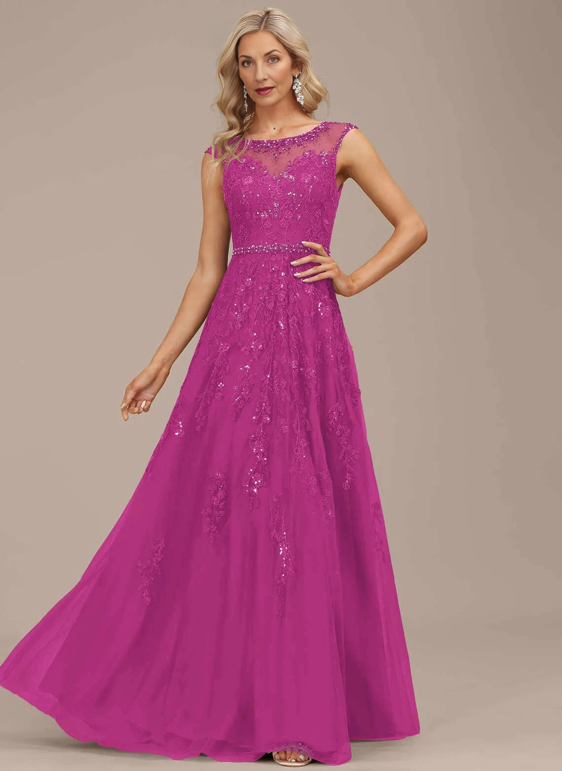 Glamorous A‑Line Illusion Neck Sleeveless Beaded Tulle Mother Of The Bride Dress