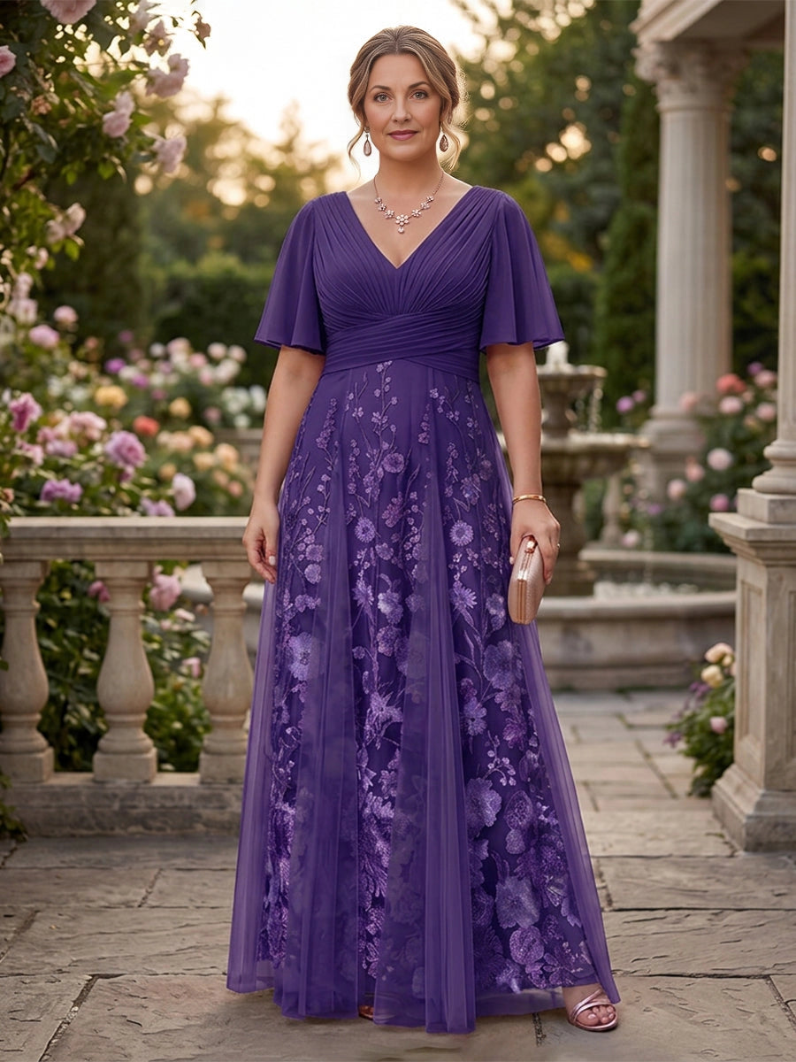 Blush A Line V Neck Flutter Sleeve Deep V Back Long Mother Of The Bride Dress