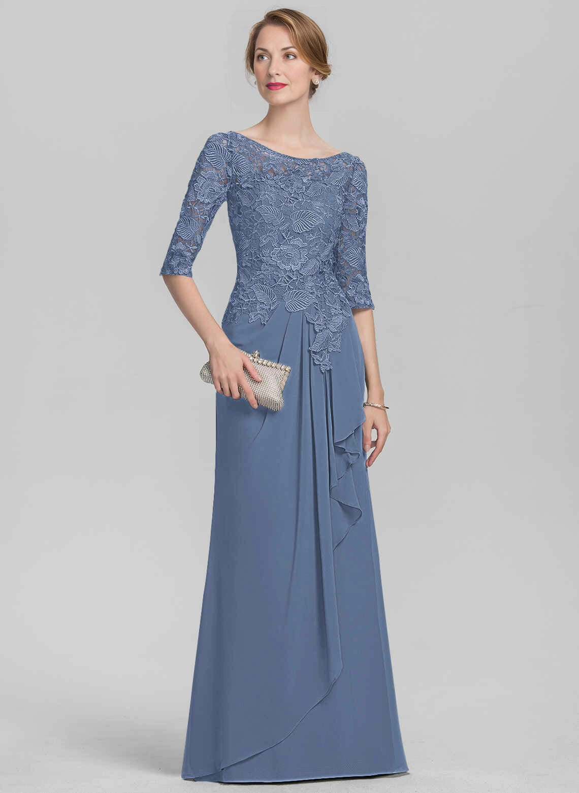 Slim‑Fit Sheath Bateau‑Neck Elbow‑Sleeve Zip‑Back Floor‑Length Mother Of The Bride Dress