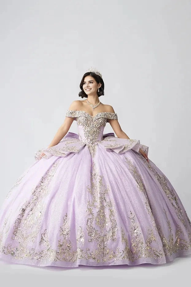 Sparkly Ball Gown Off Shoulder Short Sleeve Corset Back Train Quinceañera Dress
