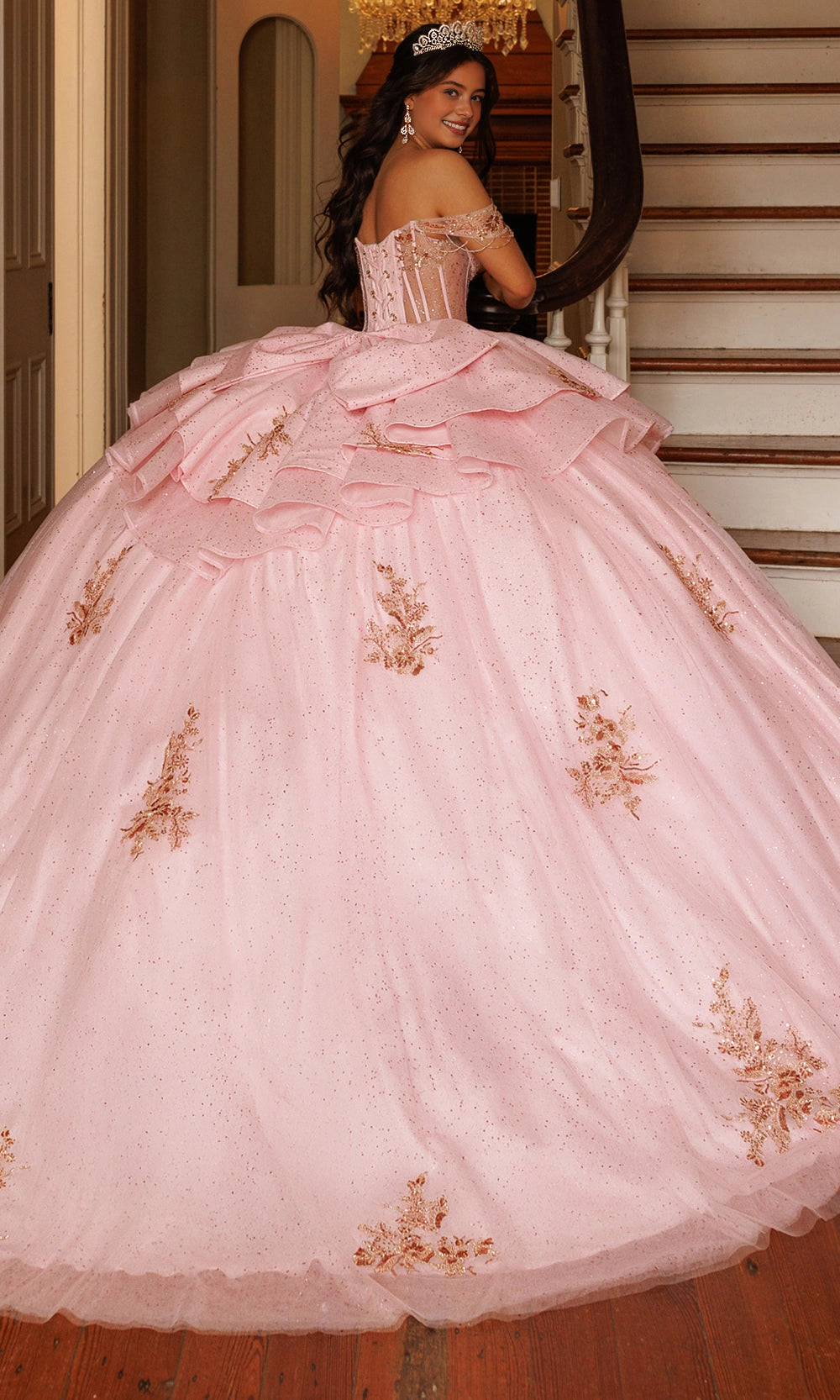 Ball Gown Off‑Shoulder Sweetheart Corset Back Layered Long Train Quinceanera Dress