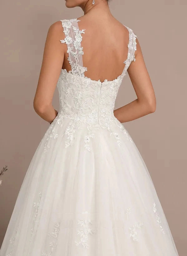 Elegant A-line V-neck Spaghetti Strap Open Back Floor-length Wedding Dress