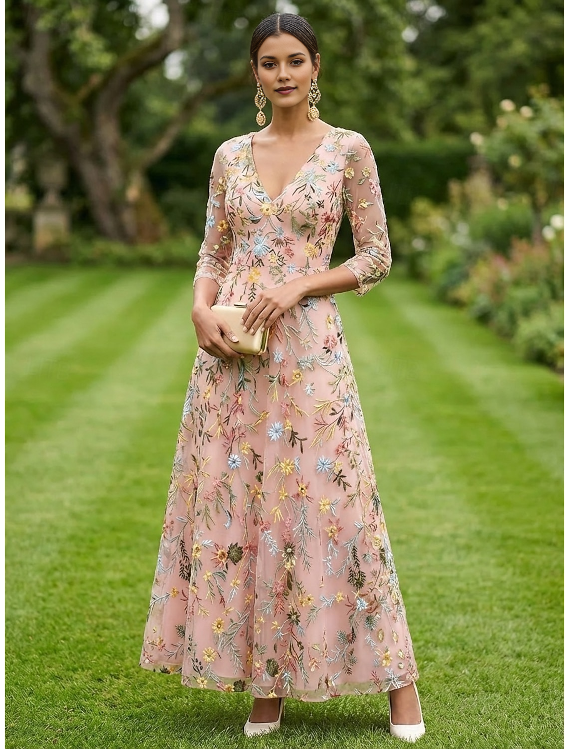 V-Neck 3/4 Sleeve Floral Embroidered Tulle Ankle-Length Mother of the Bride Evening Dress