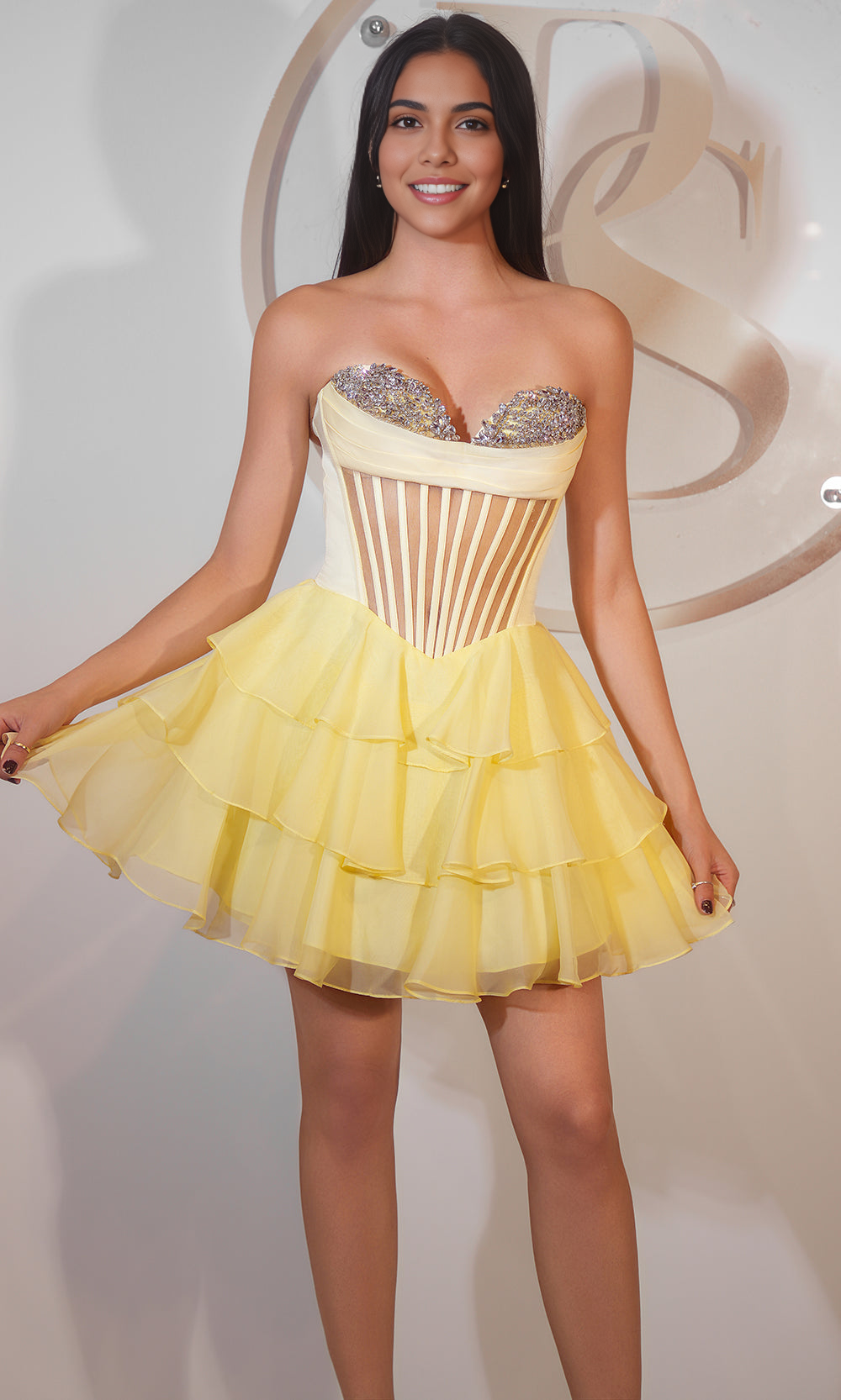 Elegant Sheer Corset Strapless Tiered Mini Homecoming Dress