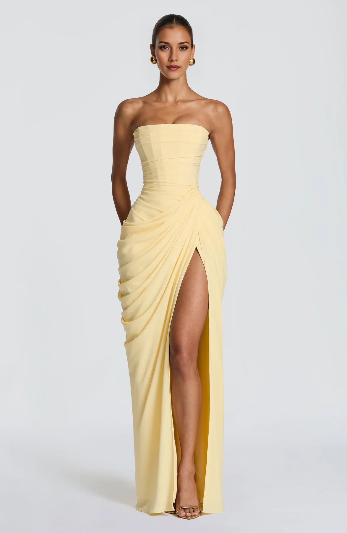 Light Blue Asymmetrical Strapless Draped High-Slit Lace-up Maxi Dress - Corset Back Formal Evening Gown