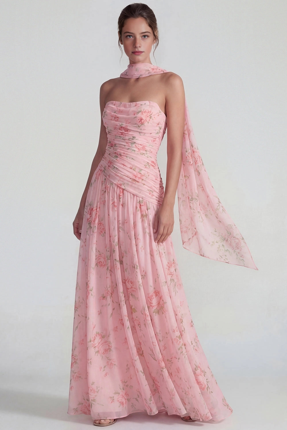 Floral A-line Strapless Sleeveless Open Back Maxi Wedding Guest Dress