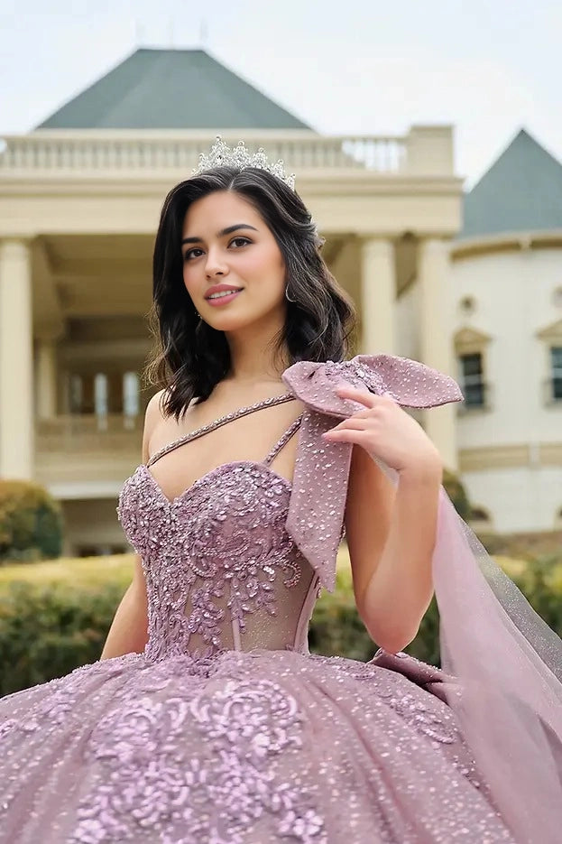 Ball Gown Sweetheart One Shoulder Cape Bow Corset Quinceañera Dress
