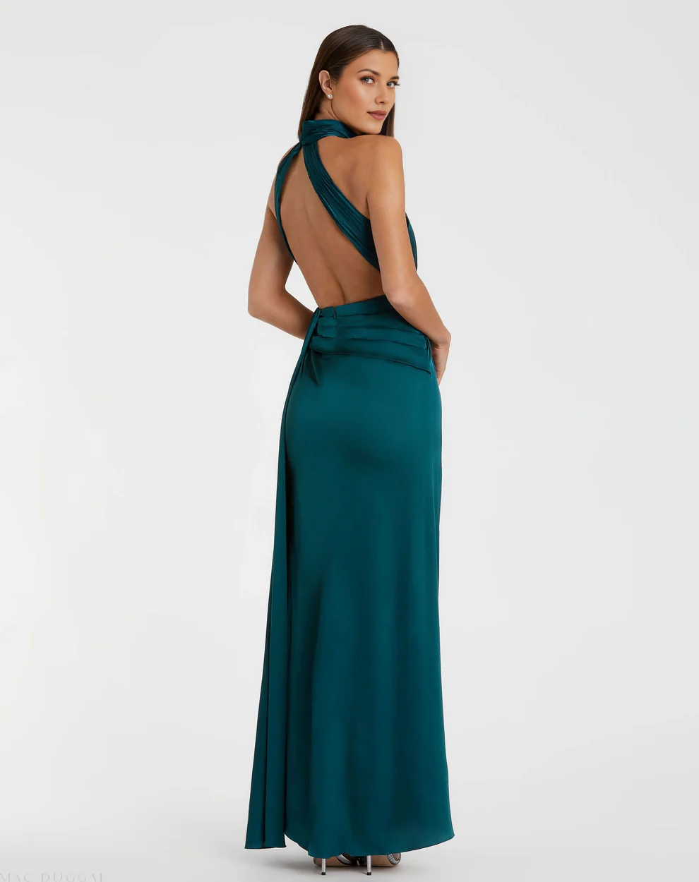 Halter Neck Twist Waist Satin Gown with Open Back & High Slit