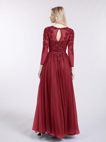 Round Neck Long Sleeve Lace Appliqué Tulle A-Line Floor-Length Bridesmaid Evening Dress