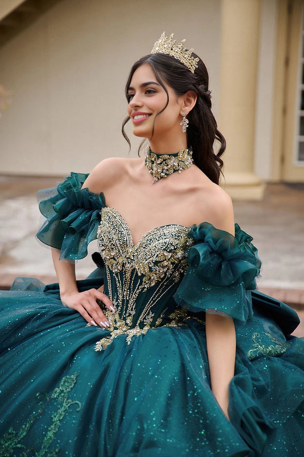 Ball Gown Off Shoulder Ruffle Bow Long Train Quinceañera Dress