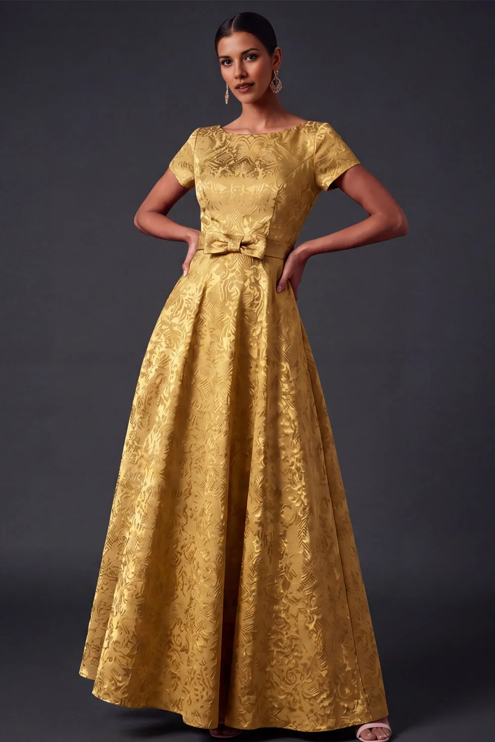 Bateau Neck Short Sleeve Solid Jacquard A-Line Maxi Dress with Waist Bow