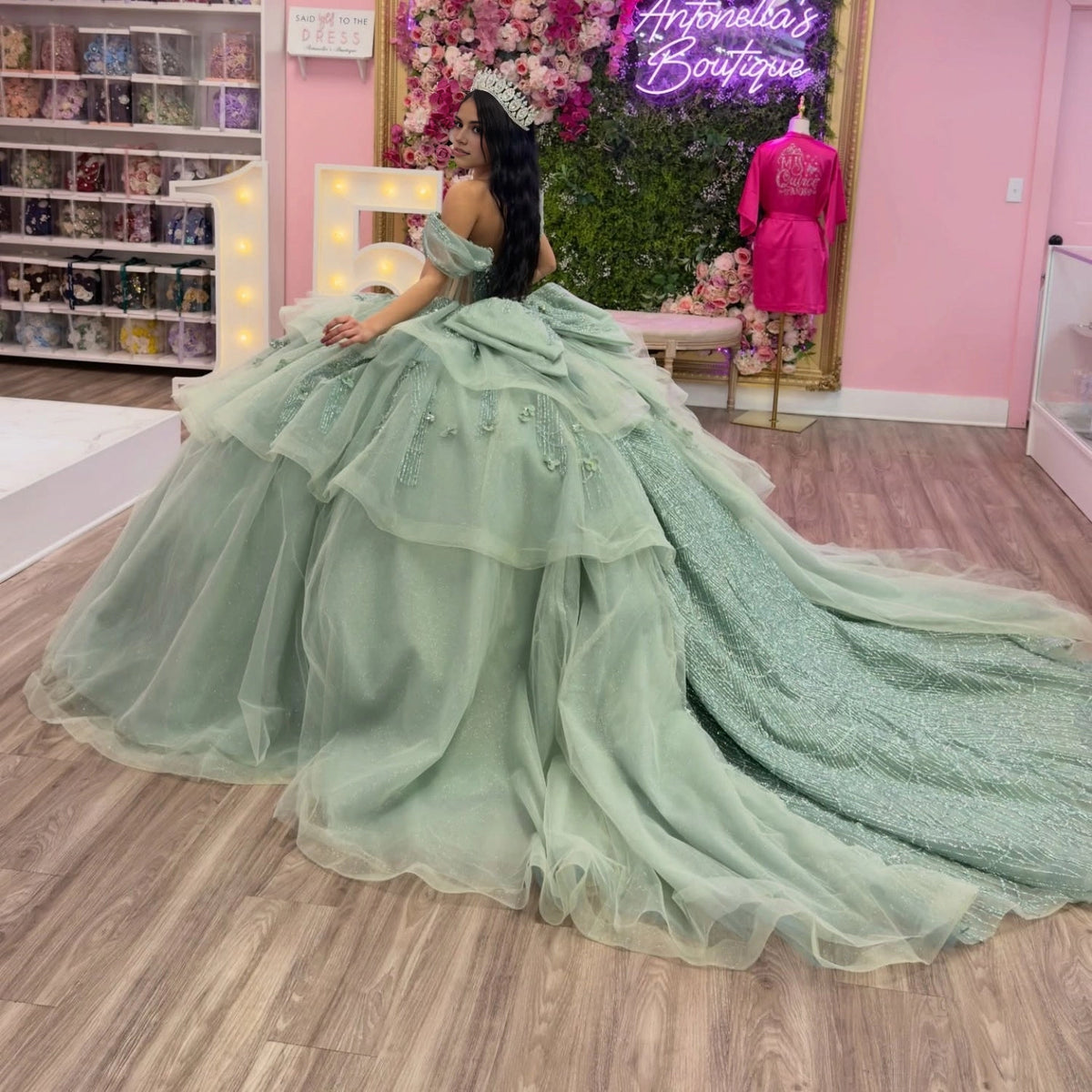 Sage Ball Gown Sweetheart Off‑Shoulder Corset Back Cathedral Train Quinceanera Dress