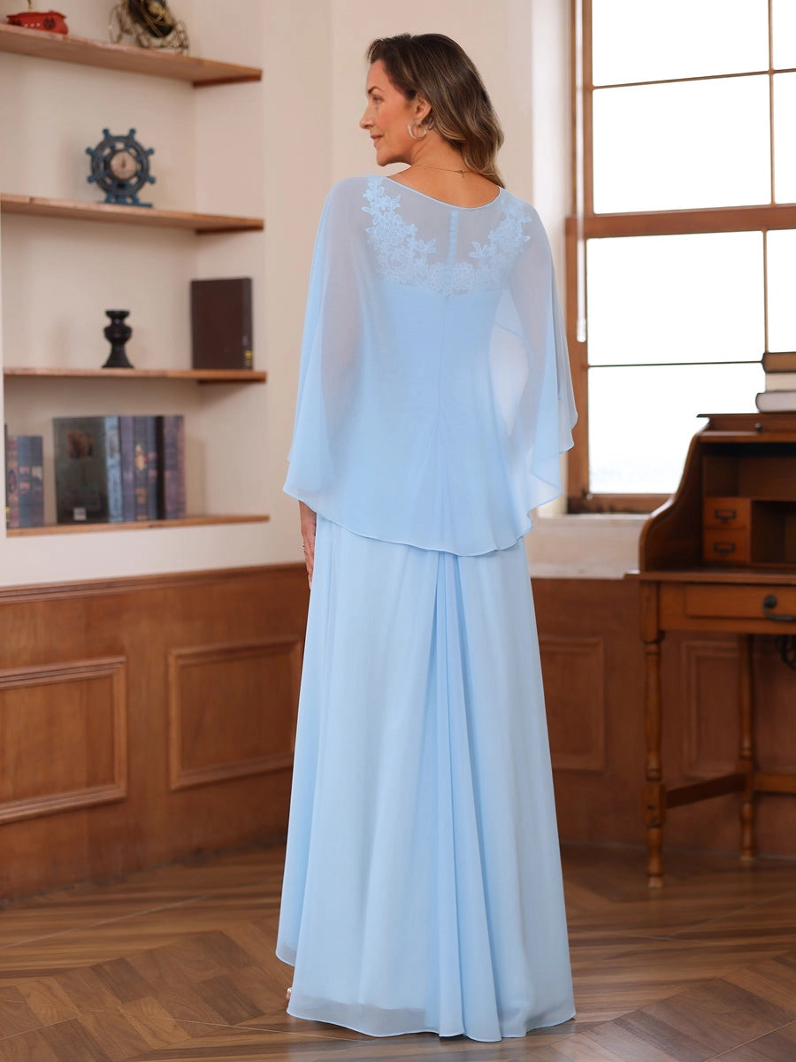 Back view sky blue formal gown,sheer lace upper back,flowy floor‑length skirt vedress