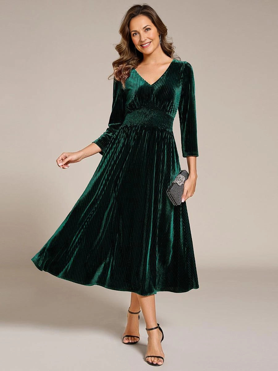 Black A‑Line V‑Neck 3/4‑Sleeve Solid‑Back Midi Mother Of The Bride Dress