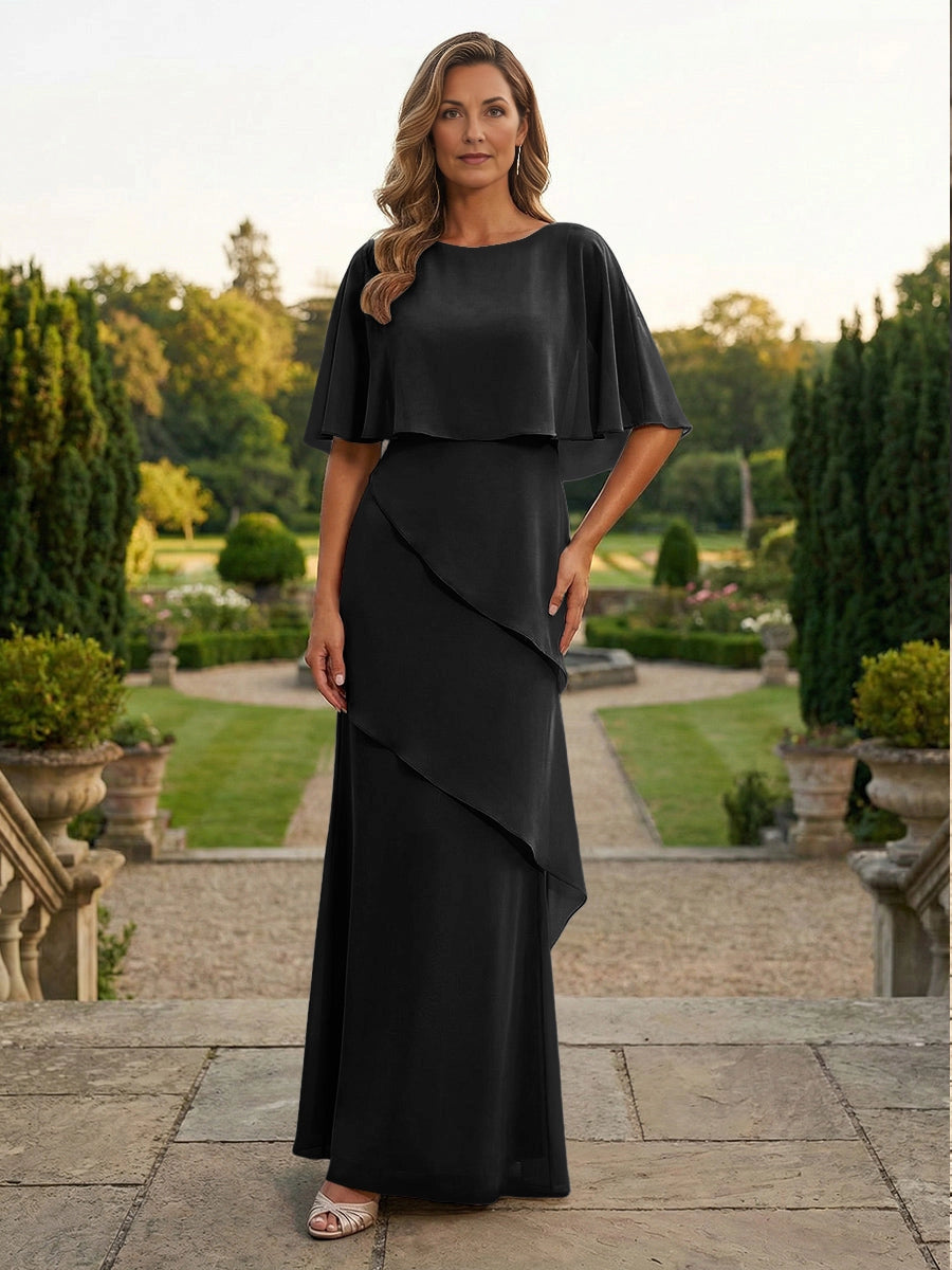 Graceful Taupe Sheath Boat‑Neck Cape‑Sleeve Zip‑Back Floor‑Length Mother‑of‑the‑Bride Dress