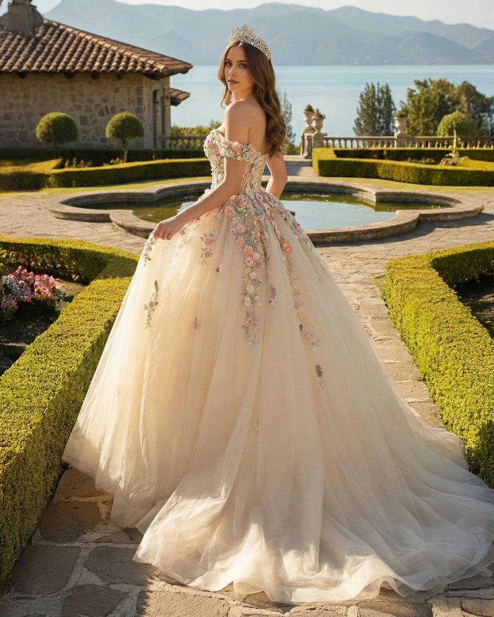 Vedress champagne quinceanera ballgown back view, lace up corset back, soft tulle sweep train decorated with 3D flowers
