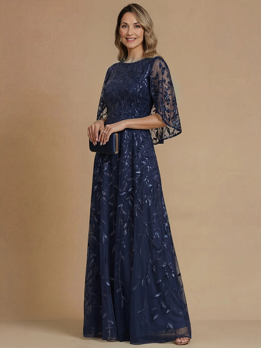Elegant A‑Line Round‑Neck Cape‑Sleeve Cowl‑Back Long Mother‑of‑the‑Bride Dress