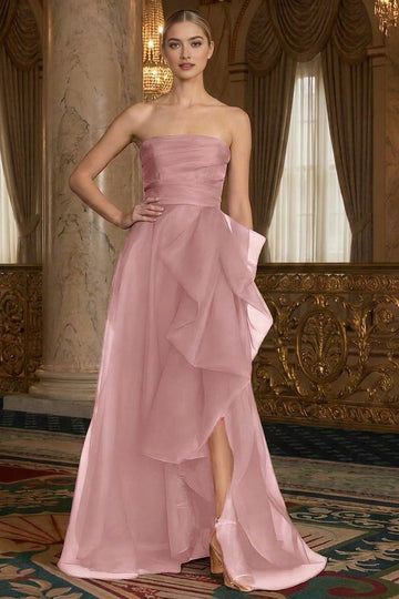 Chic A-Line Strapless Zip Back Slit Long Organza Prom Dress