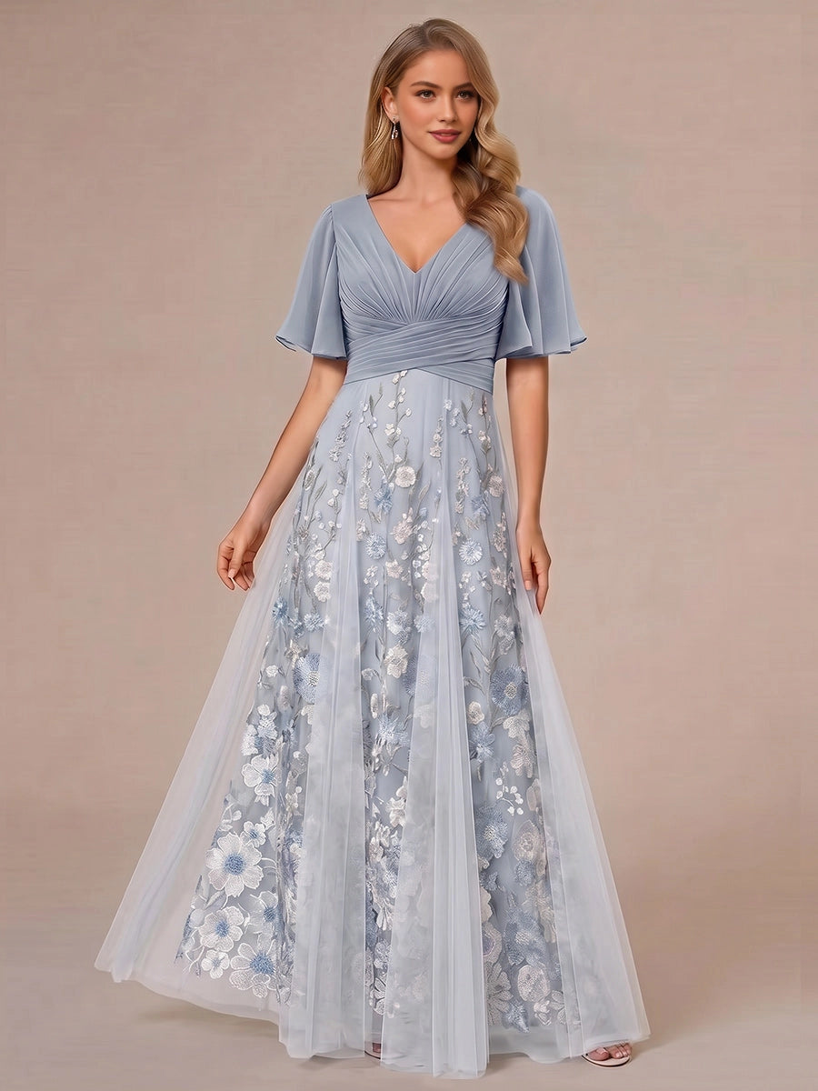 Charming Dusty Pink A-Line V-Neck Flutter-Sleeve V-Back Floor-Length Mother Of The Bride Dress