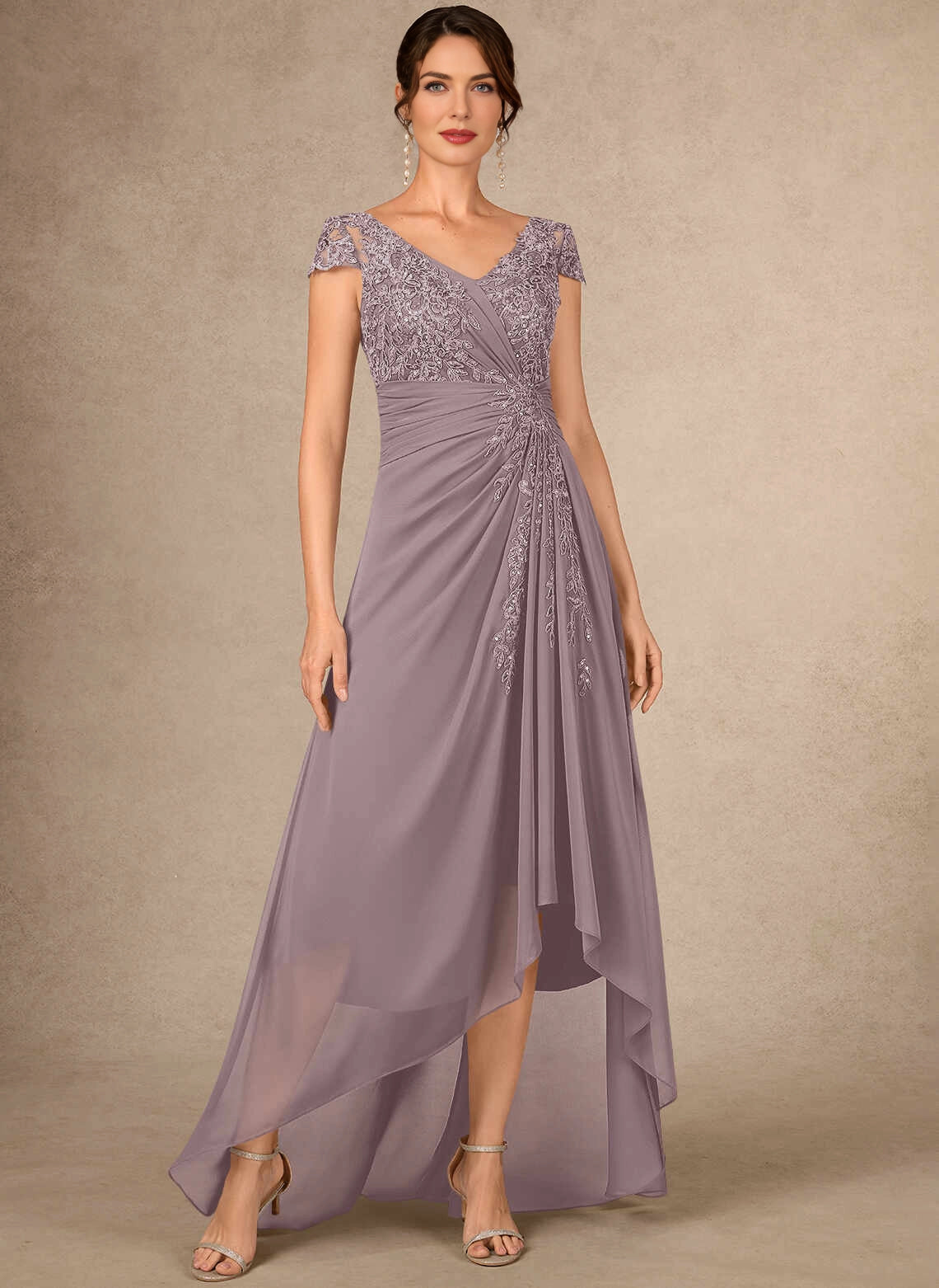 Chic A‑Line V‑Neck Cap Sleeve Ruched High Low Mother Of The Bride Dress