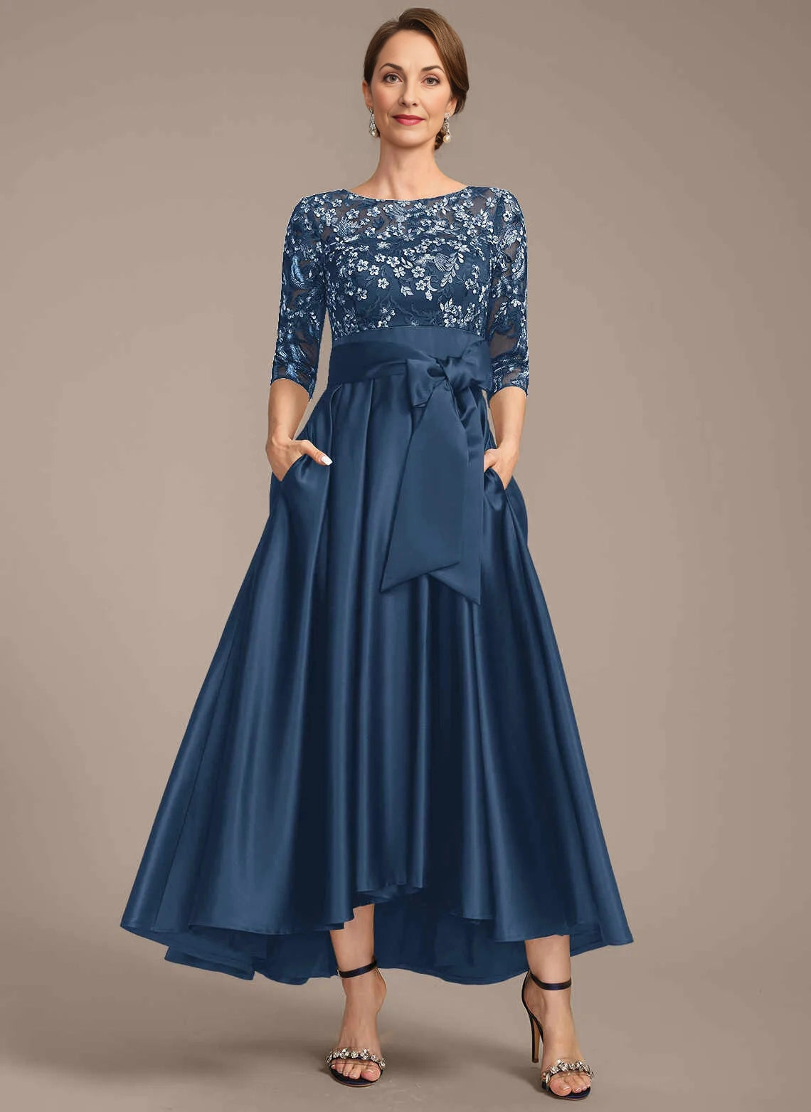 Gorgeous A‑Line Round‑Neck Elbow‑Sleeve Zip‑Back Hi‑Lo Mother Of The Bride Dress