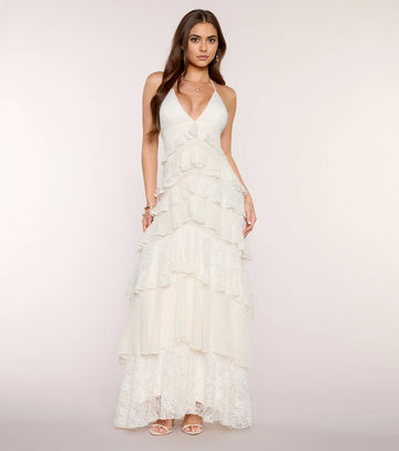 Vedress ivory lace chiffon long prom gown halter deep v tiered ruffle maxi dress front view