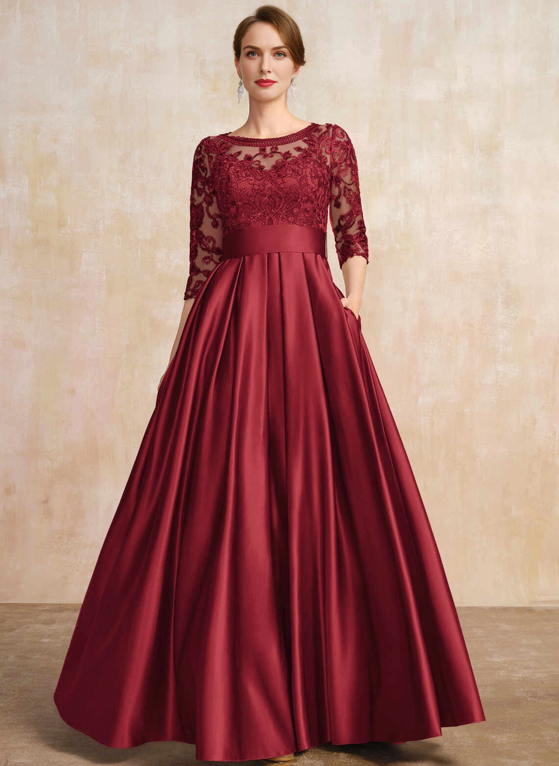 Elegant A‑Line Scoop Neck 3/4 Sleeve Bow Back Floor‑Length Mother Of The Bride Dress
