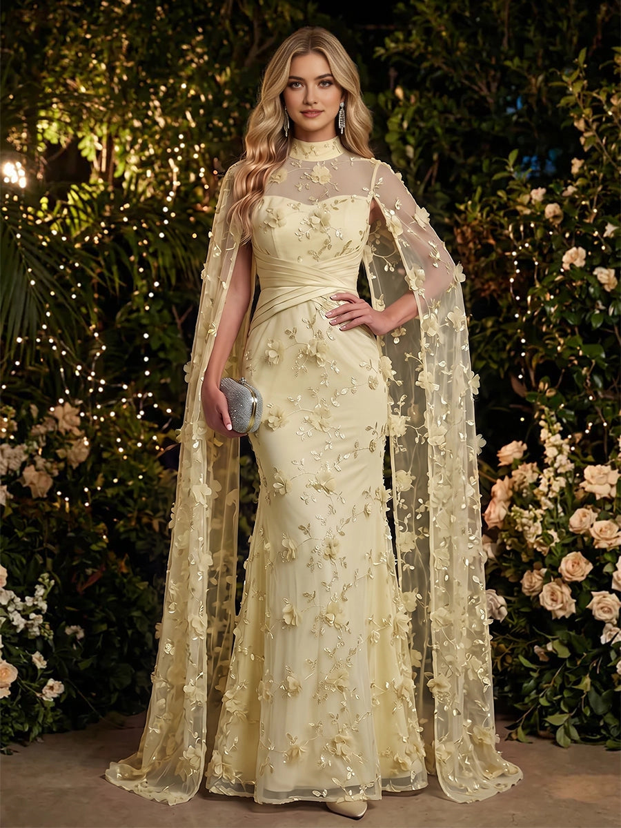 Mermaid High‑Neck Cape‑Sleeve Zip‑Back Floor‑Length Prom Dress 