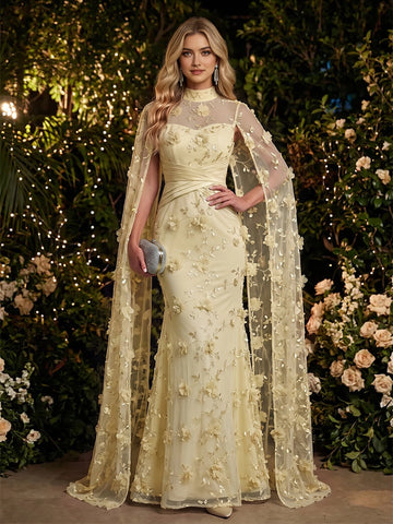 Mermaid High‑Neck Cape‑Sleeve Zip‑Back Floor‑Length Prom Dress 