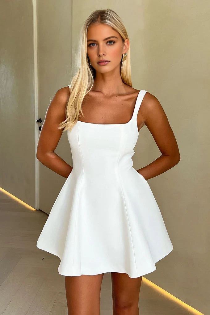 White A-Line Square Neck Sleeveless Zip Back Mini Homecoming Dress