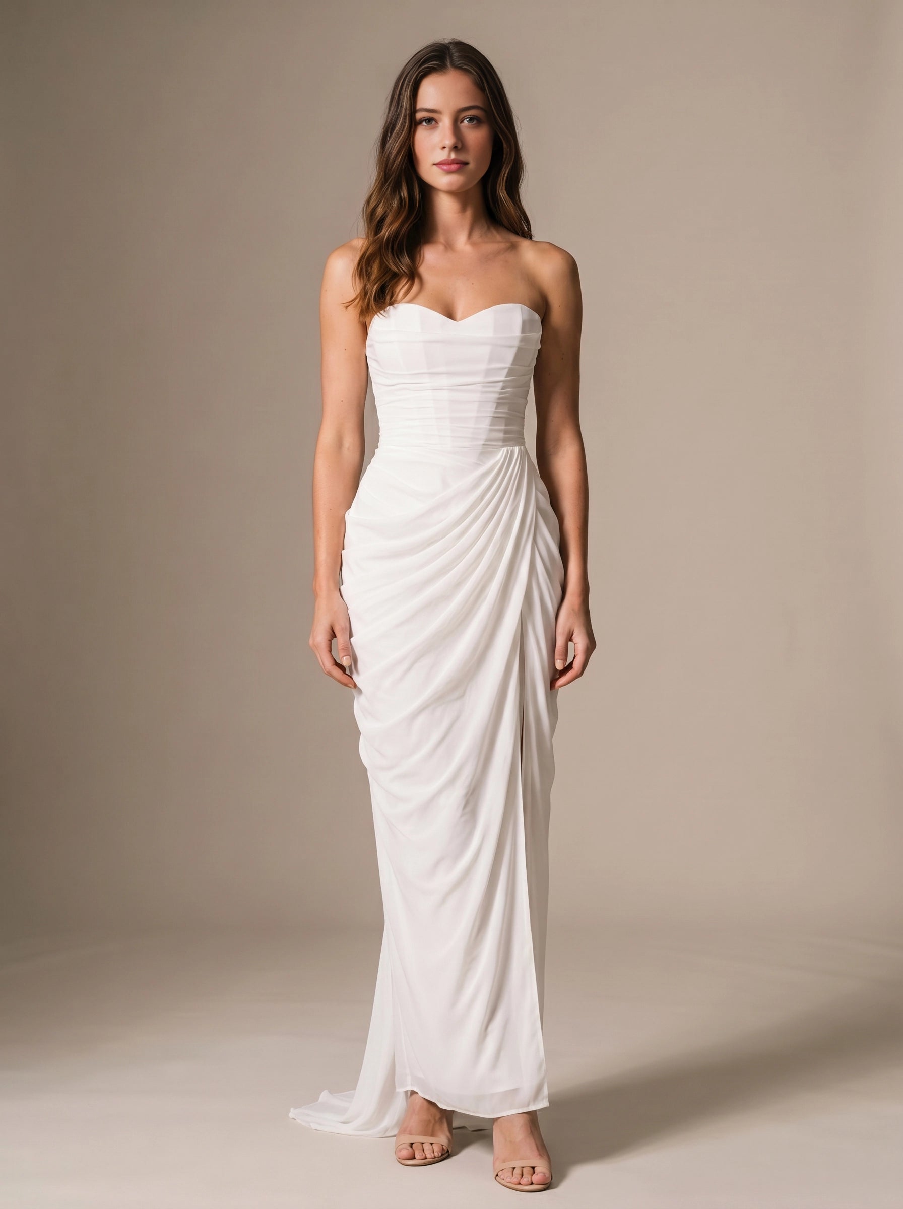 Pale‑Yellow Mermaid Strapless Draped Lace‑Up‑Back Slit Bridesmaid Dress