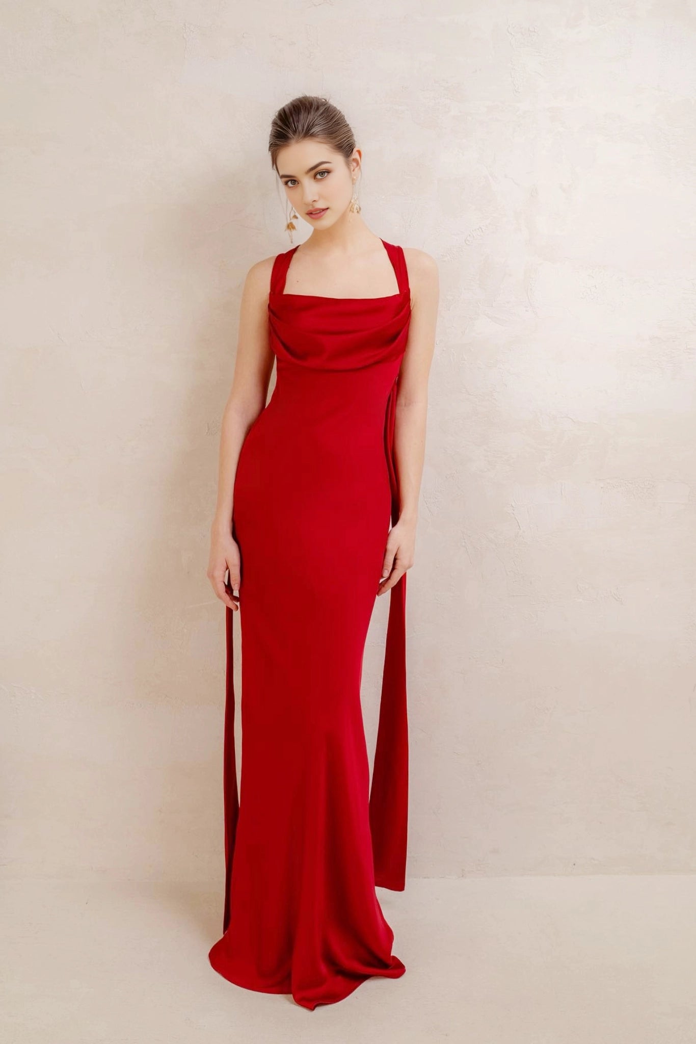 Satin Sheath Cowl‑Neck Crisscross Tie‑Back Maxi Prom Dress
