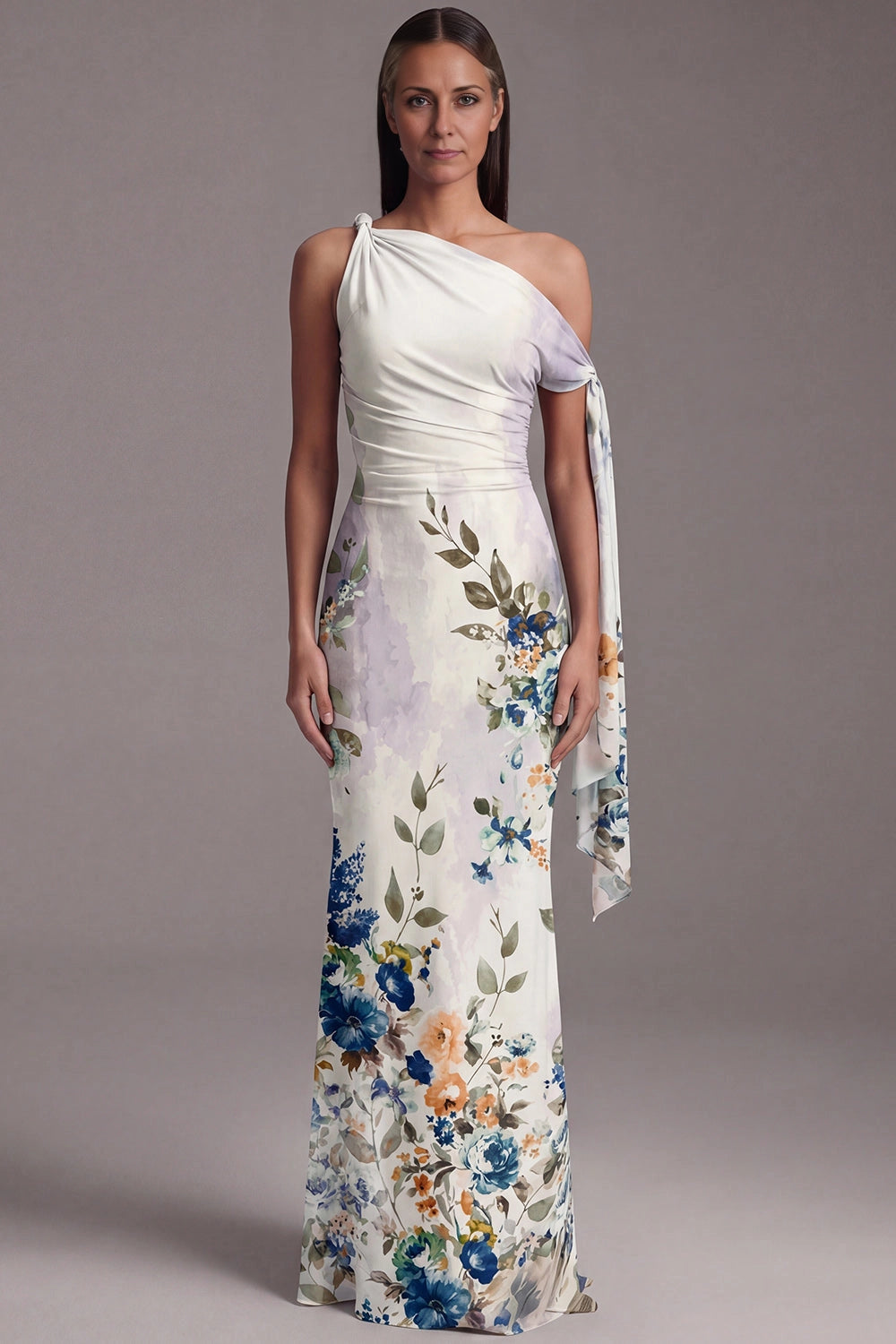 Floral Mermaid One Shoulder Solid Back Maxi Wedding Guest Dress