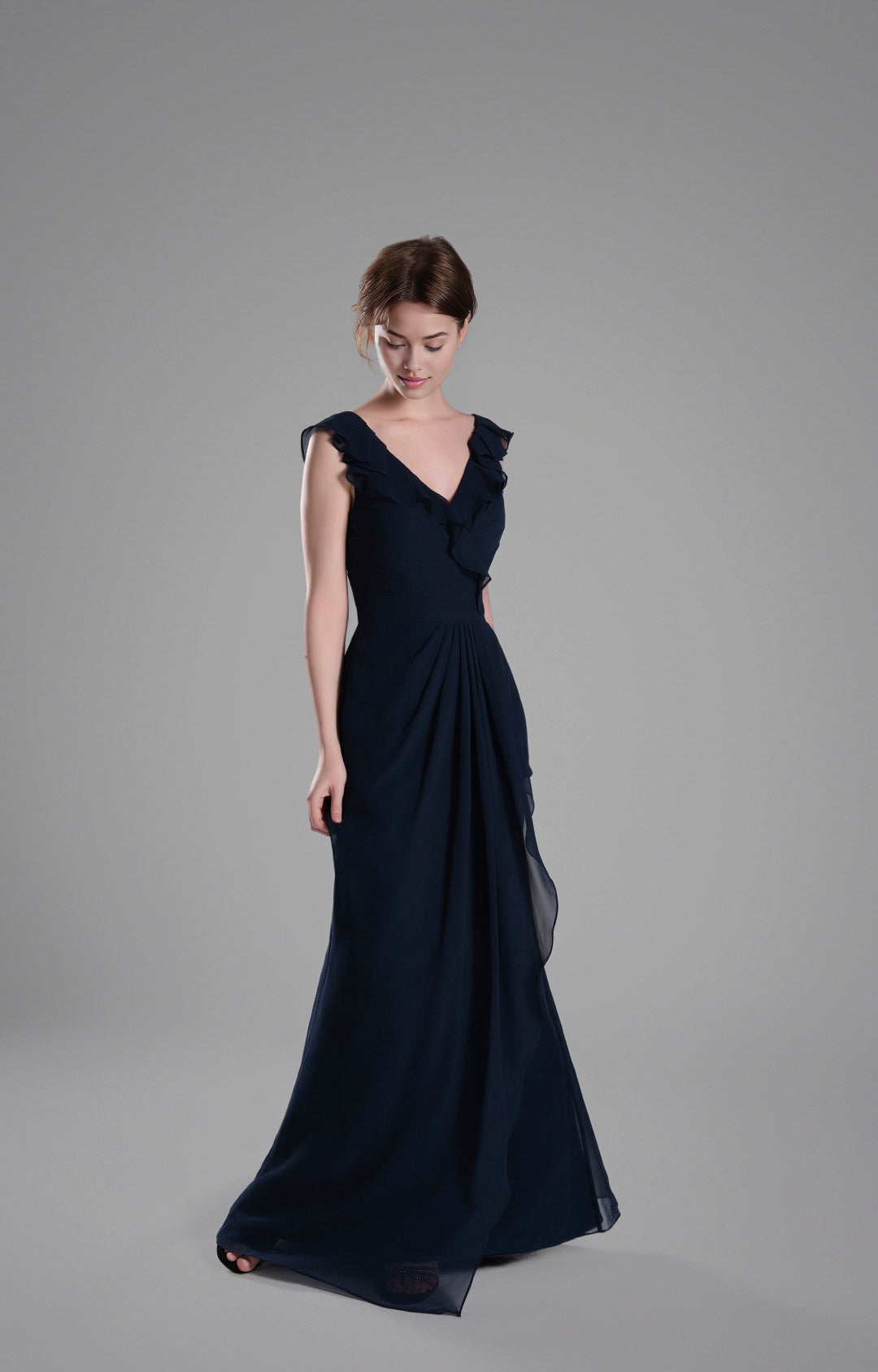 Elegant A-Line V-Neck Ruffled Cap Sleeve Open Back Floor-Length Bridesmaid Dresses