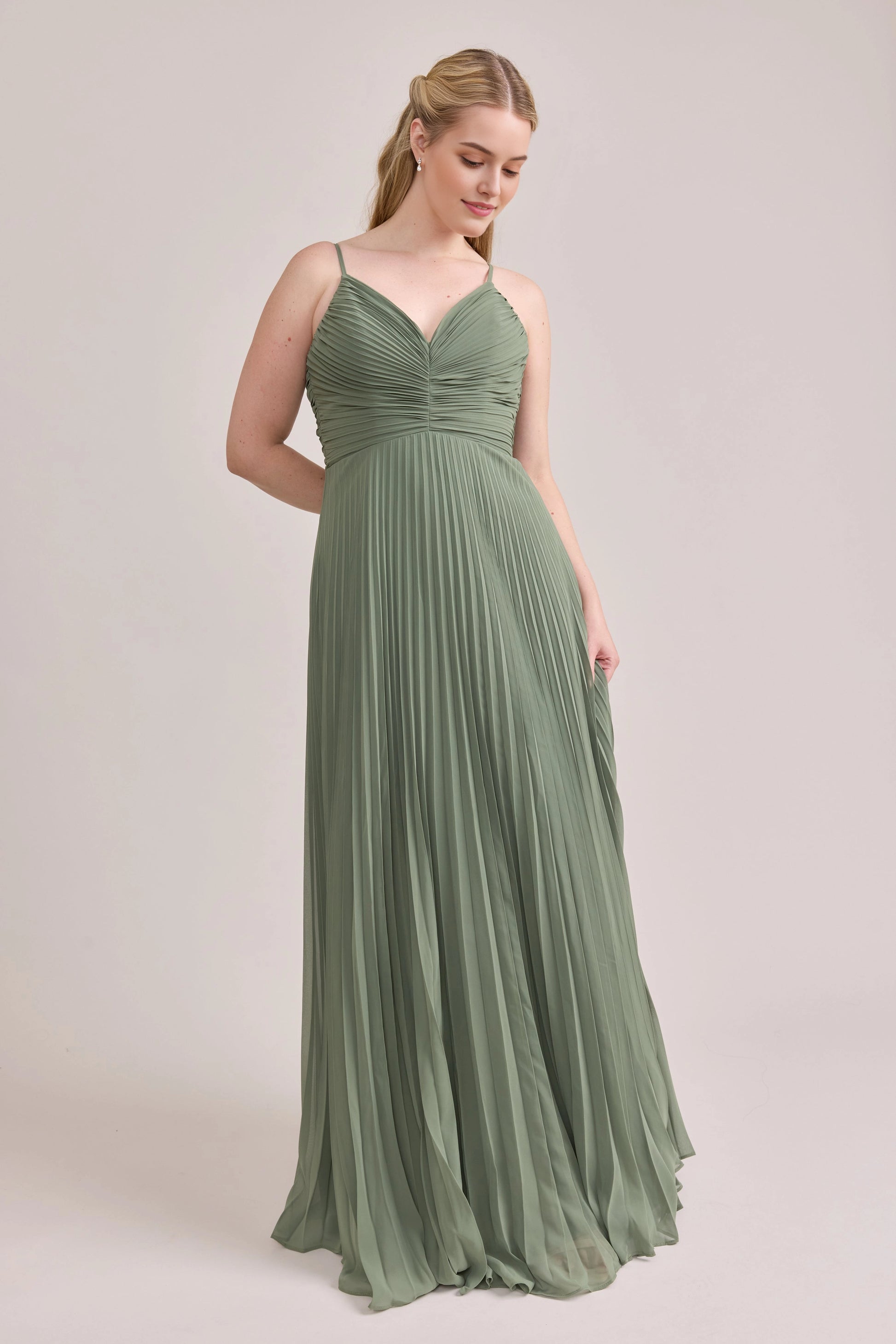 Soft A-Line V-Neck Thin Strap Lace Up Back Pleated Maxi Bridesmaid Dress