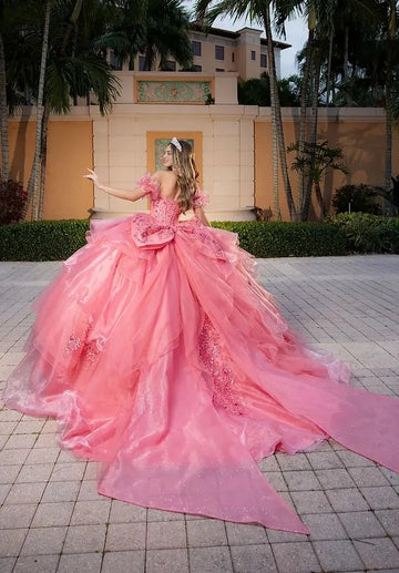 Back view Vedress coral quinceanera gown corset lace-up back oversized bow glitter tulle long train