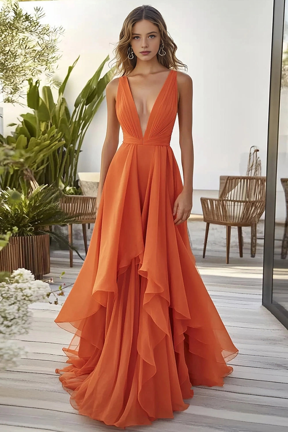 Vedress orange chiffon deep v neck ruffle flowy maxi wedding guest dress front view
