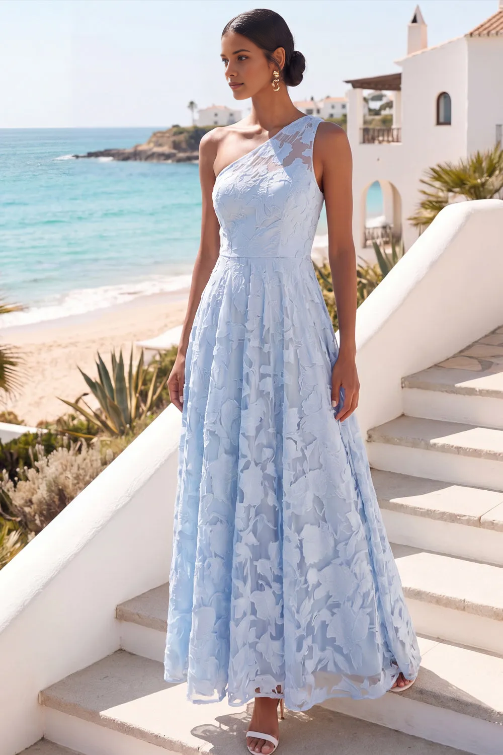 One Shoulder 3D Floral Lace A-Line Floor Length Bridesmaid Formal Dress