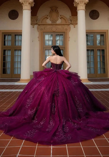 Vedress burgundy wine quinceañera gown strapless corset back layered ruffle tulle peplum glitter long train back view