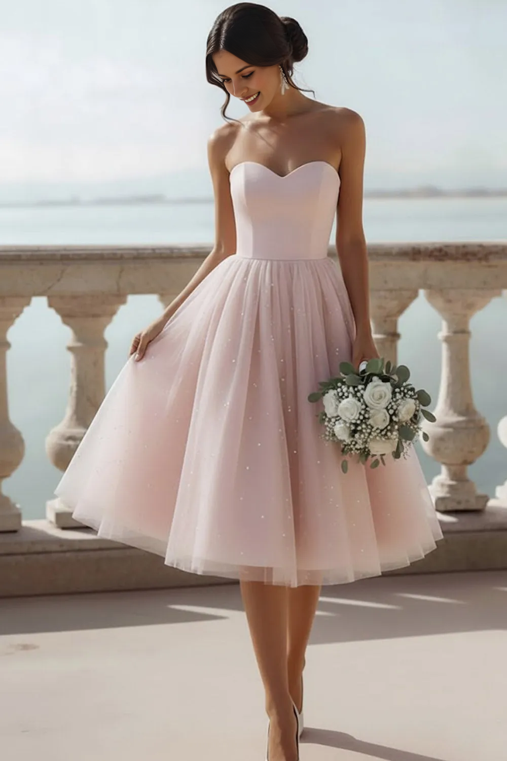 Strapless Sweetheart Corset Tulle Midi Dress with Sparkle Details