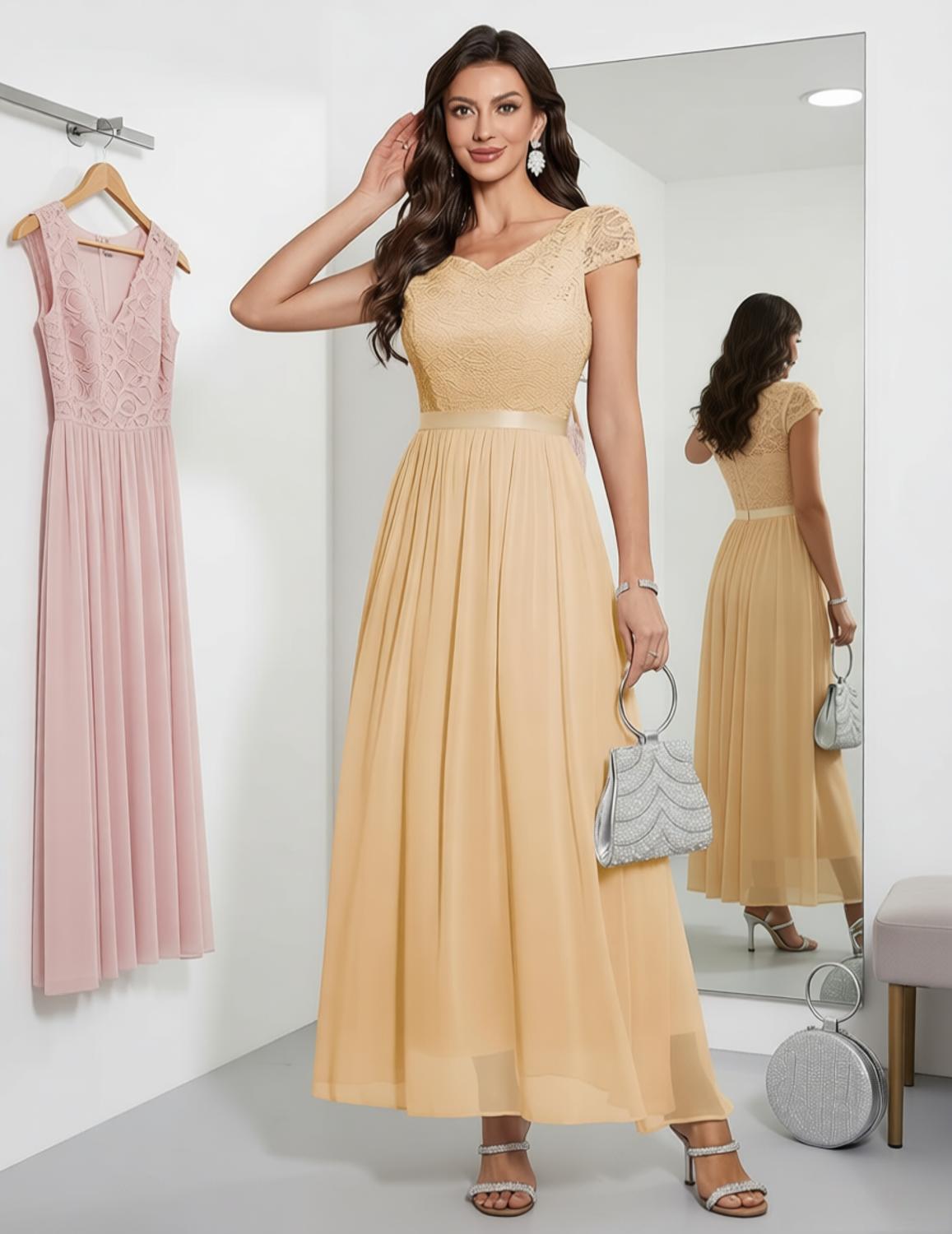 Lace & Chiffon Bridesmaid Dress - V-Neck Cap Sleeve Long Formal Gown for Wedding Guest, Evening Party, Prom