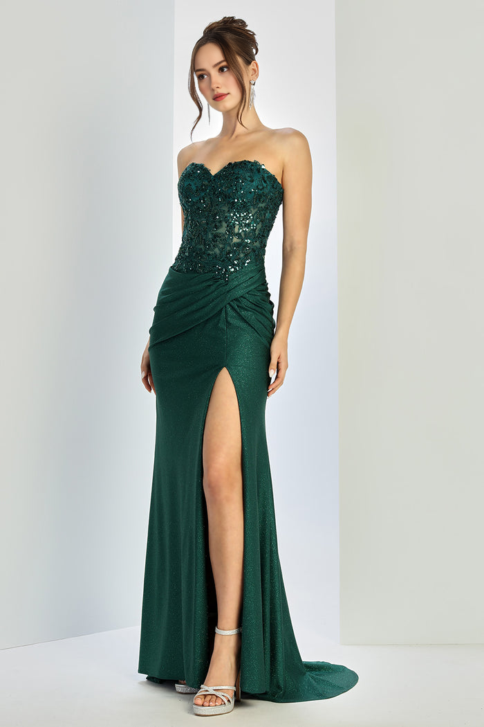 Strapless Sequin Embroidered Evening Gown Glitter Long Formal Pleated Slit Prom Dress with High Slit