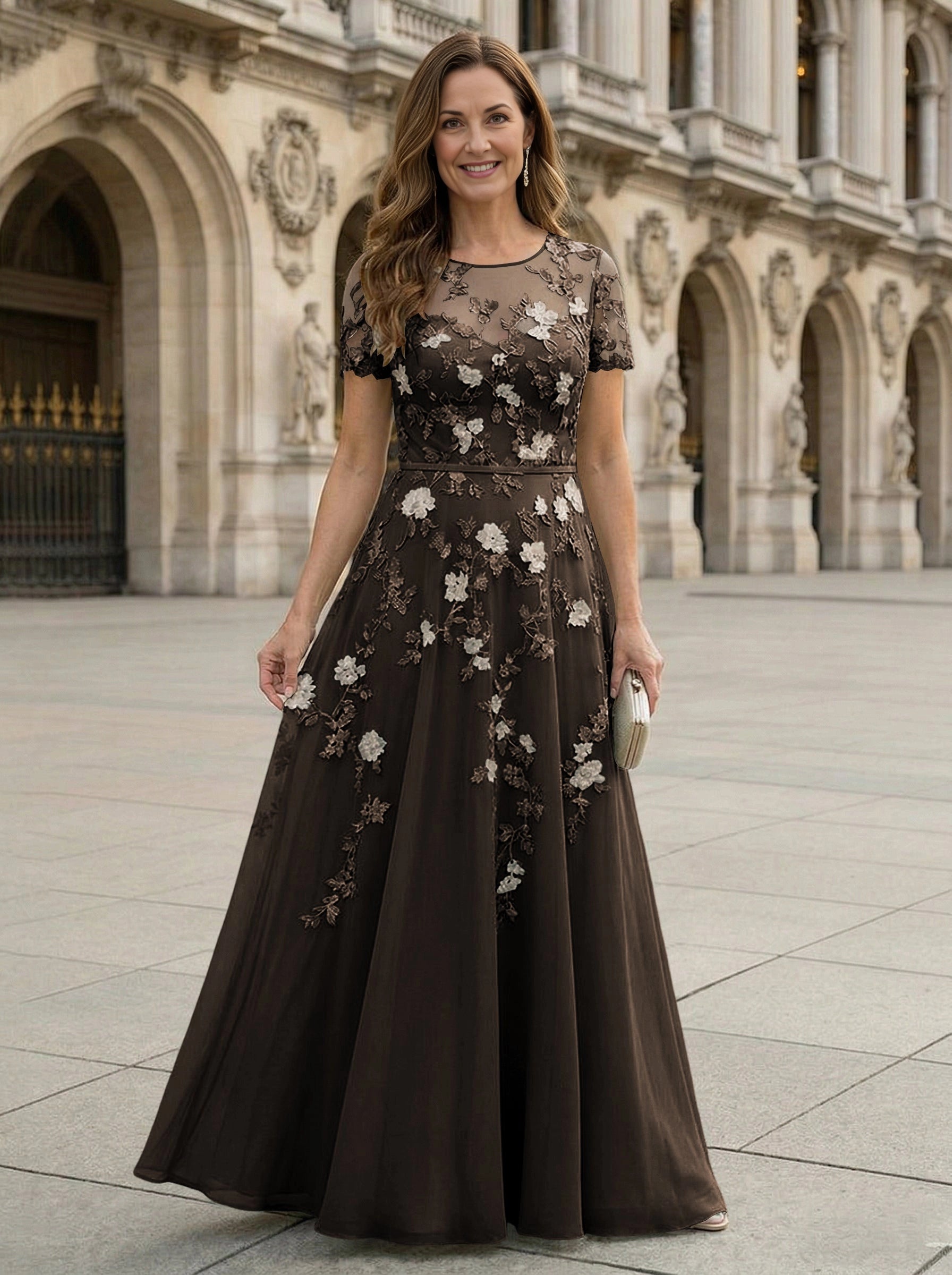 Elegant Sage A‑Line Round‑Neck Short‑Sleeve Zip‑Back Floor‑Length Mother‑of‑the‑Bride Dress