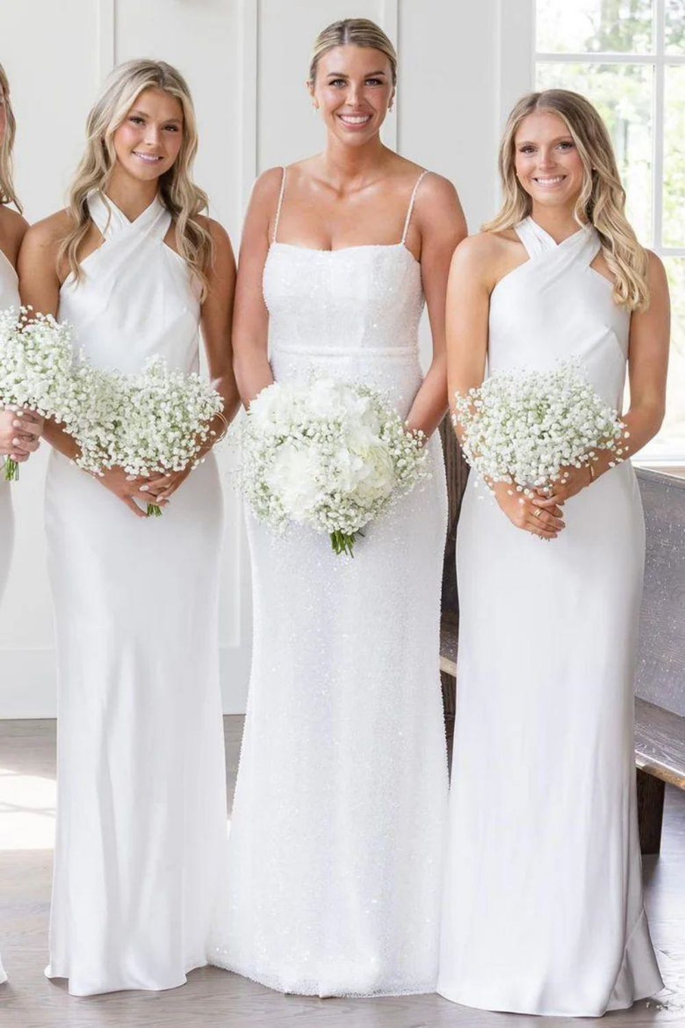 Beauty Sheath Satin Solid Charmeuse Halter Neck Long Evening Gown Bridesmaid Dress with Bowknot