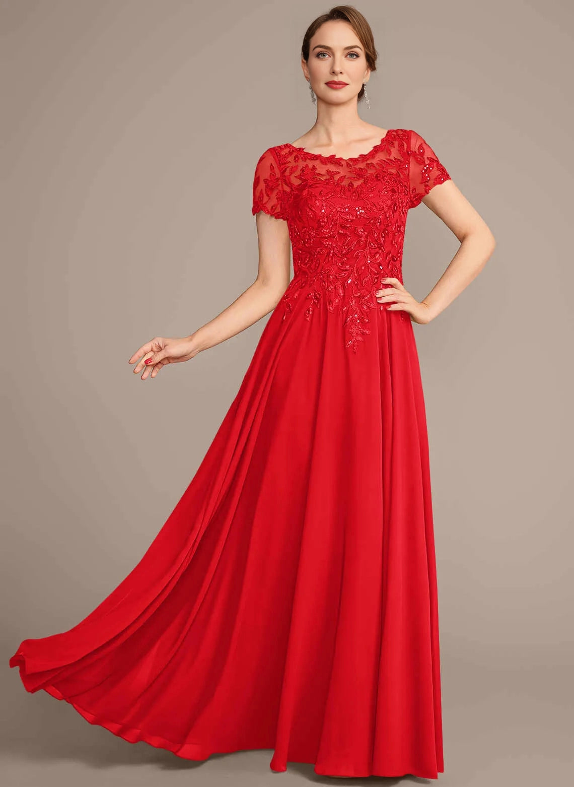Elegant A‑Line Bateau Short Sleeve Illusion Back Long Mother Of The Bride Dress